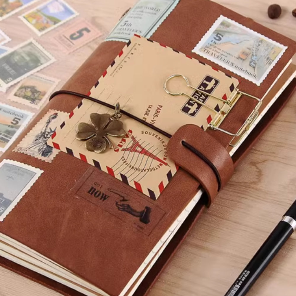 Vintage traveler's diary with stickers